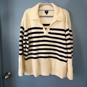 GAP 24/7 Split-Hem Polo Sweater Cream and Navy 100% Cotton